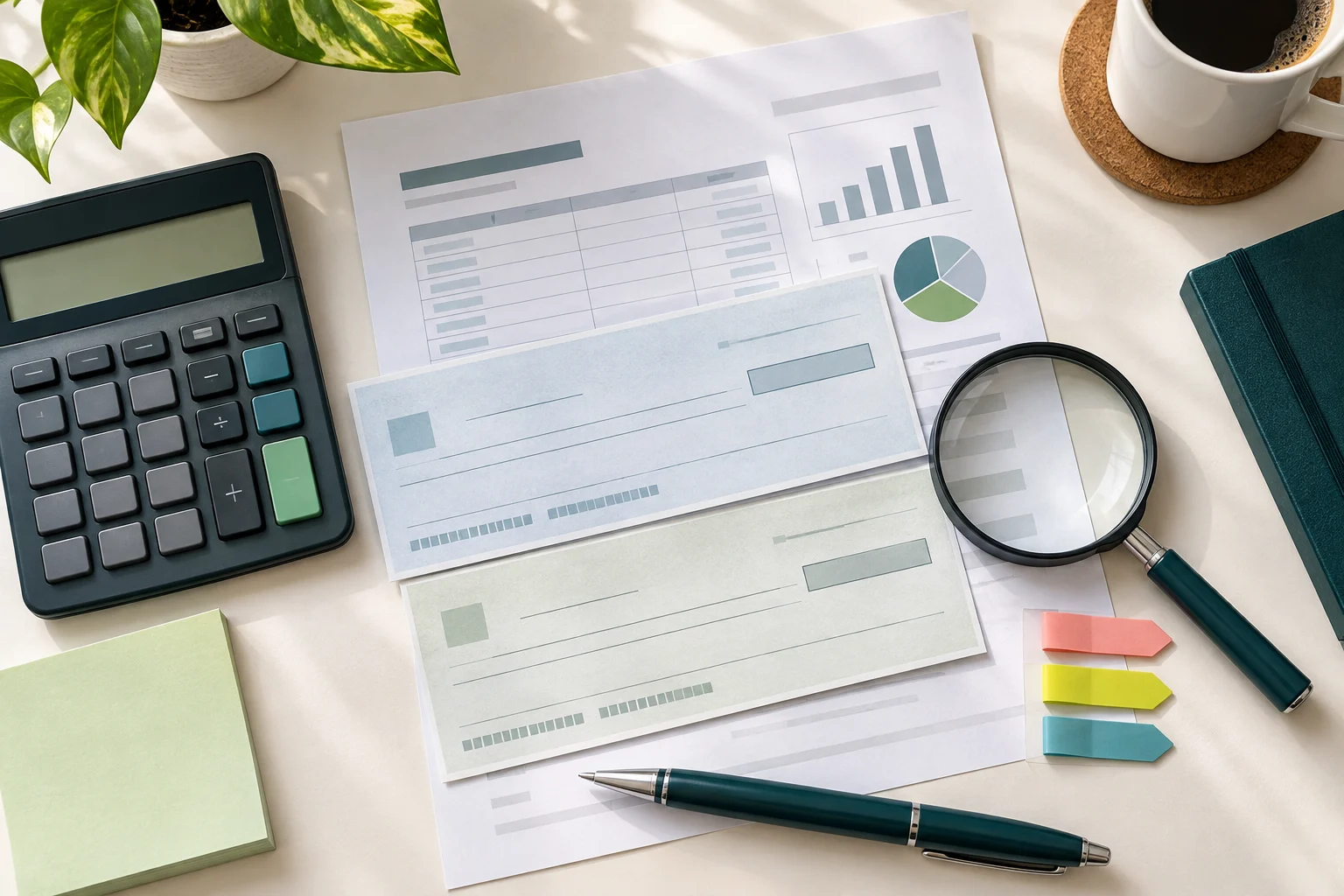 Mesa de trabalho com documentos abstratos, calculadora e lupa usados para conferir informações de cheques devolvidos