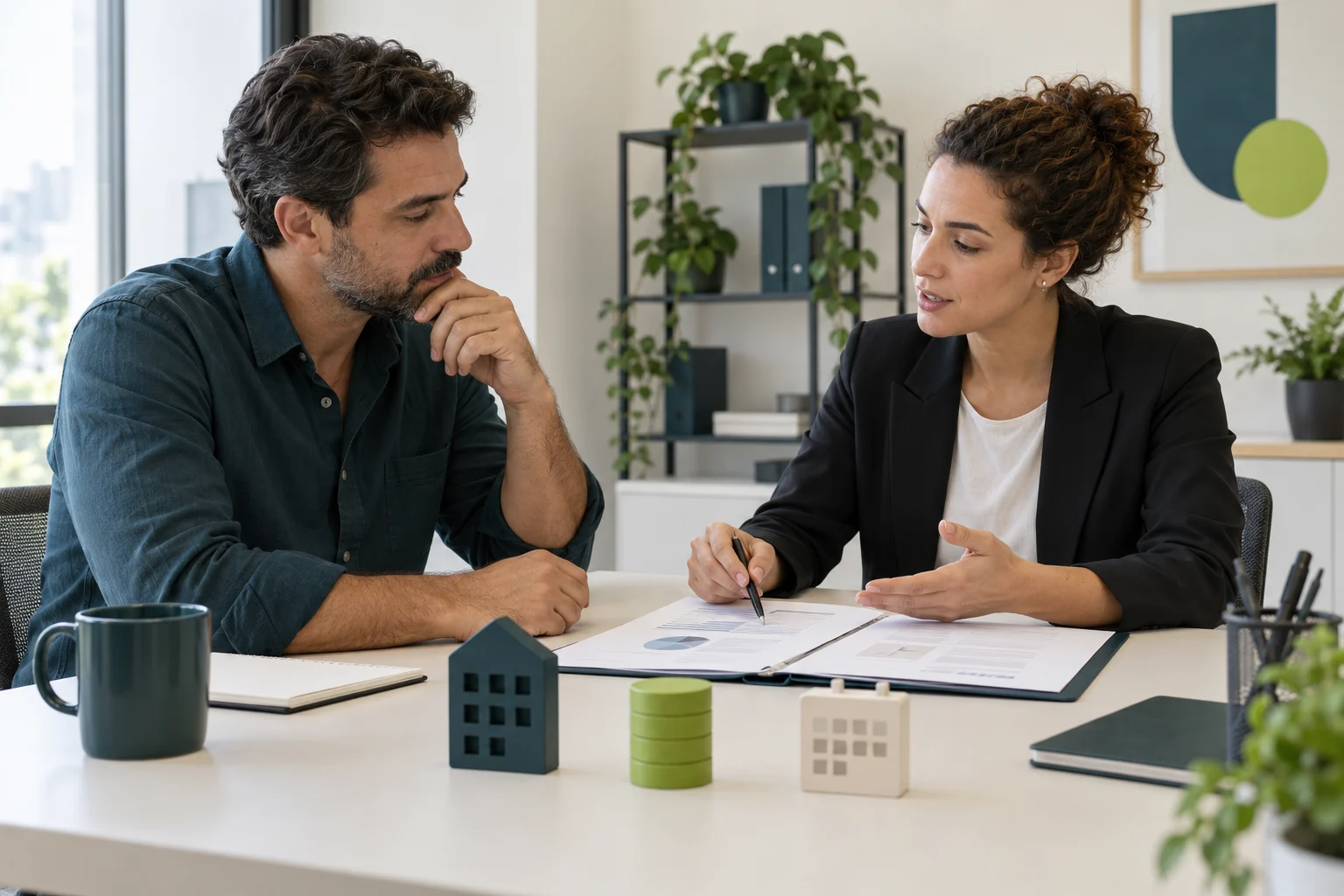 Gestora de pequena empresa e analista comercial conversam à mesa antes de definir as condições de uma primeira venda a prazo