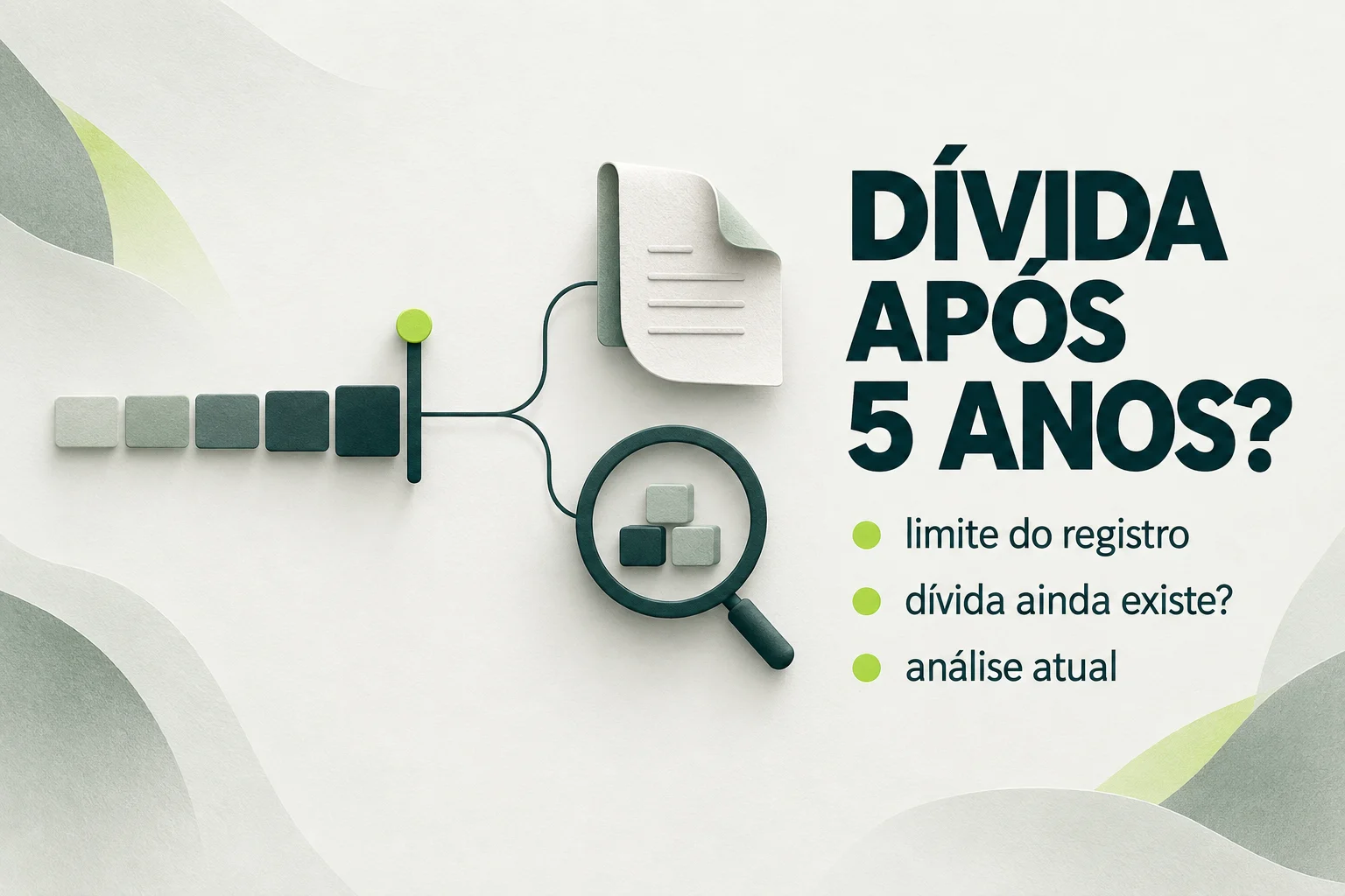 Capa gráfica com a pergunta Dívida após cinco anos e módulos abstratos sobre limite do registro, existência da dívida e análise atual